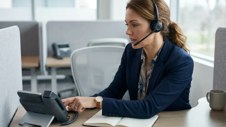 Une consultante à son bureau, en appel client avec un casque