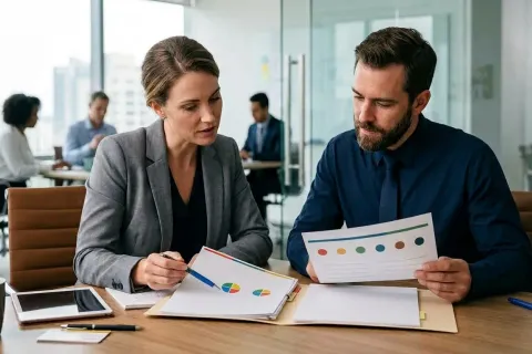 Deux collègues assis à un bureau comparent des graphiques de profils en couleurs, une tasse et une tablette à côté d'eux