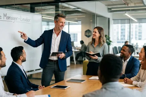 Un manager devant un tableau blanc intitulé « The Manager-Leader » s'adresse à une équipe assise autour d'une table de réunion